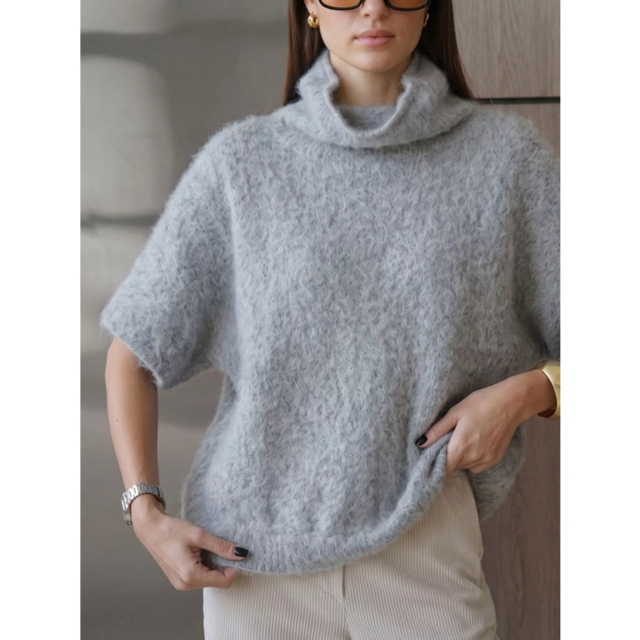 Turtleneck Fuzzy Short Sleeve Sweater Apparel and Accessories