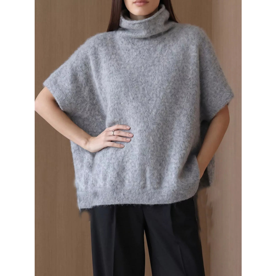 Turtleneck Fuzzy Short Sleeve Sweater Apparel and Accessories