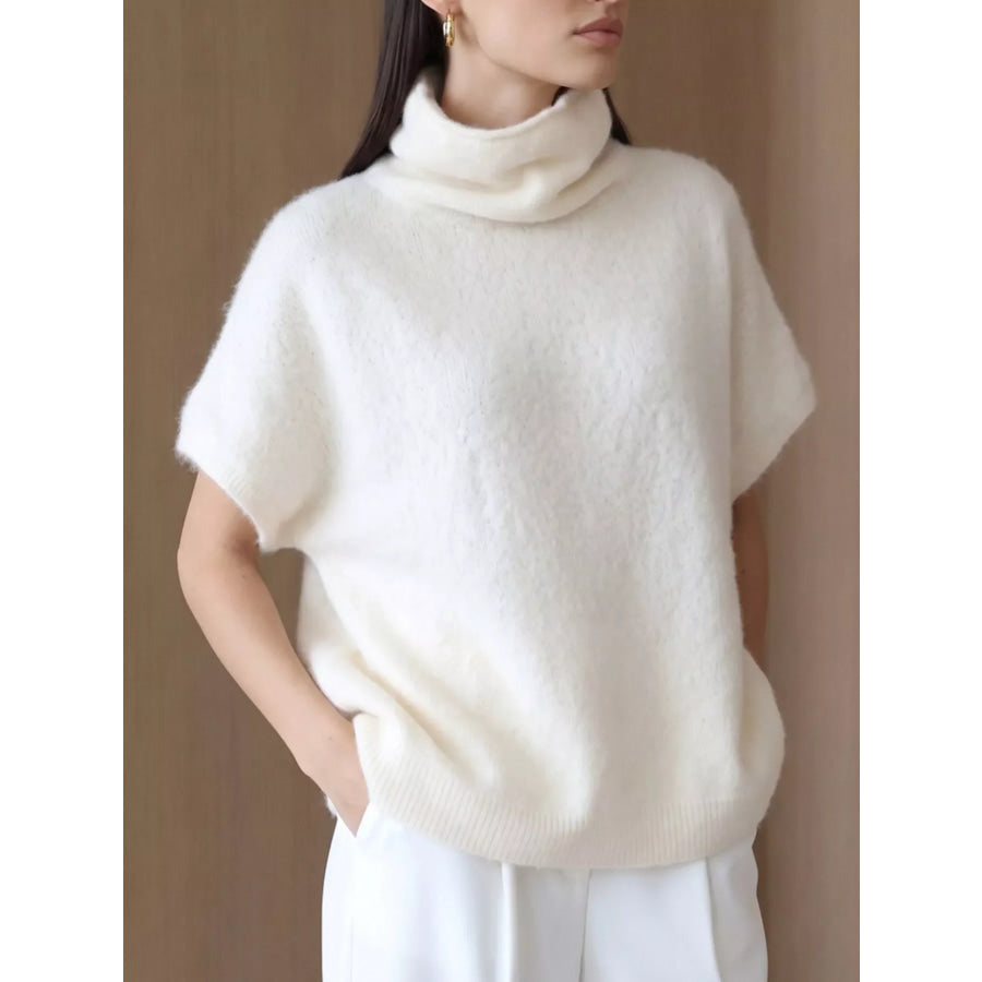 Turtleneck Fuzzy Short Sleeve Sweater Apparel and Accessories