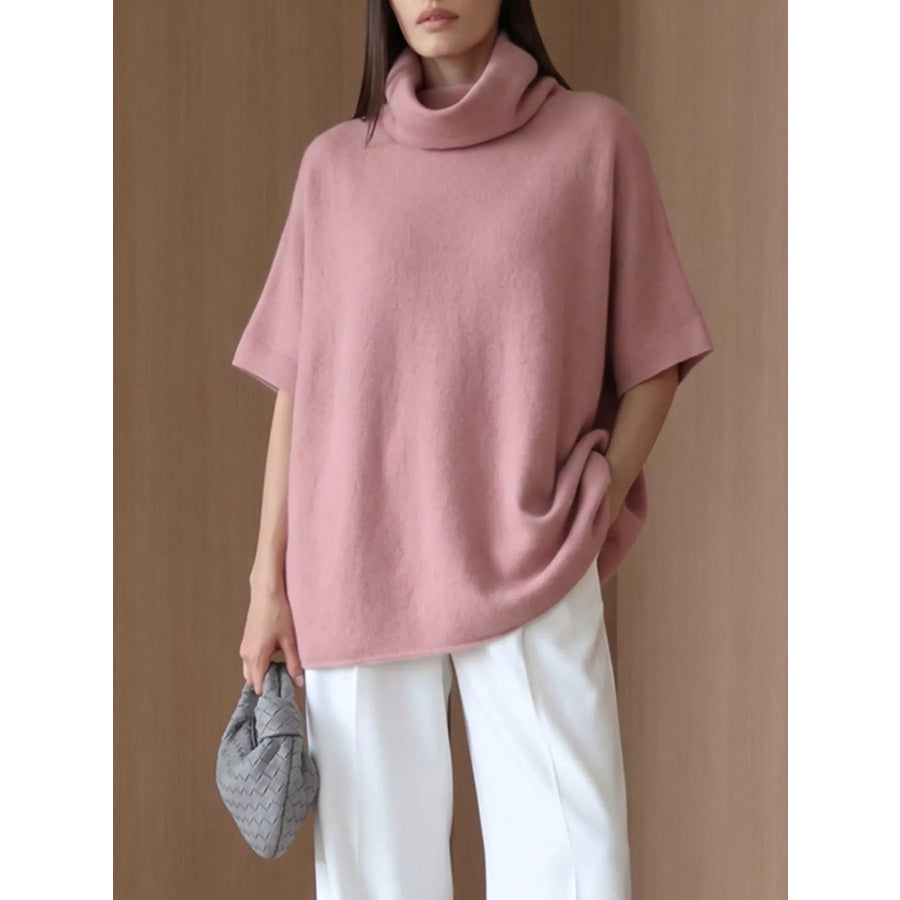 Turtleneck Fuzzy Short Sleeve Sweater Apparel and Accessories
