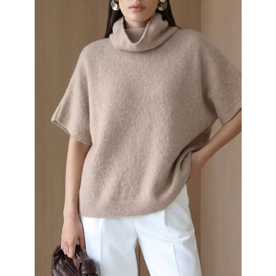 Turtleneck Fuzzy Short Sleeve Sweater Apparel and Accessories