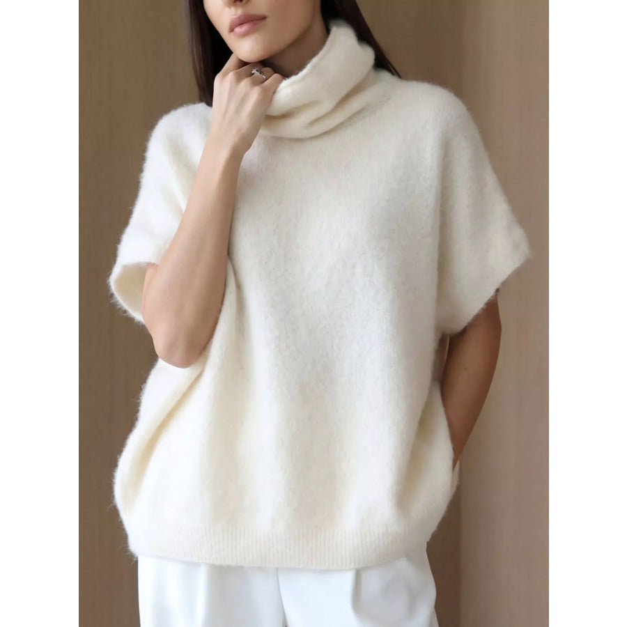 Turtleneck Fuzzy Short Sleeve Sweater Cream / One Size Apparel and Accessories