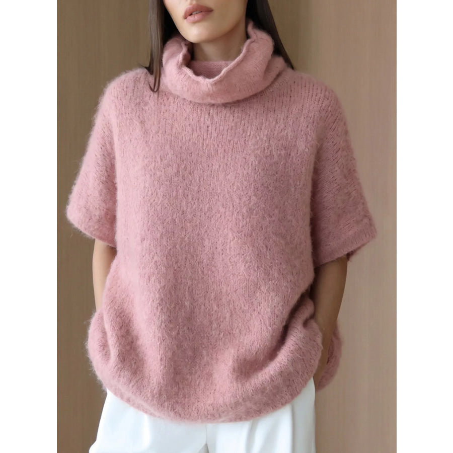 Turtleneck Fuzzy Short Sleeve Sweater Dusty Pink / One Size Apparel and Accessories