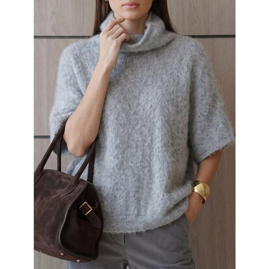Turtleneck Fuzzy Short Sleeve Sweater Gray / One Size Apparel and Accessories