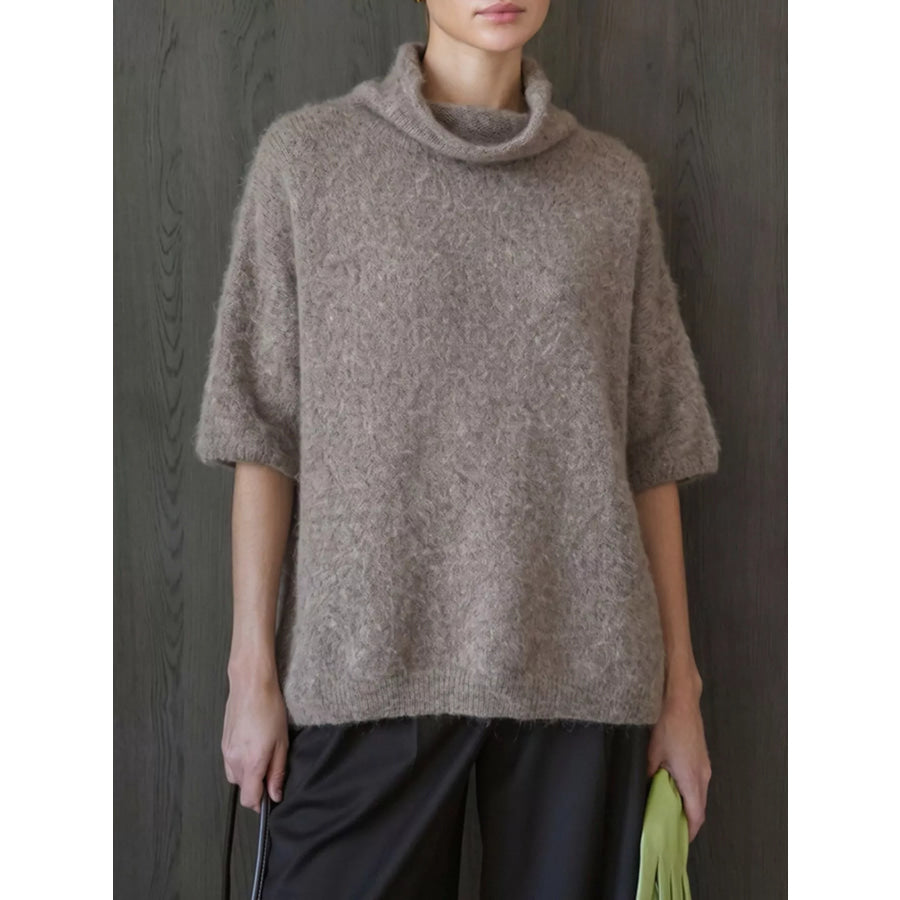 Turtleneck Fuzzy Short Sleeve Sweater Mocha / One Size Apparel and Accessories