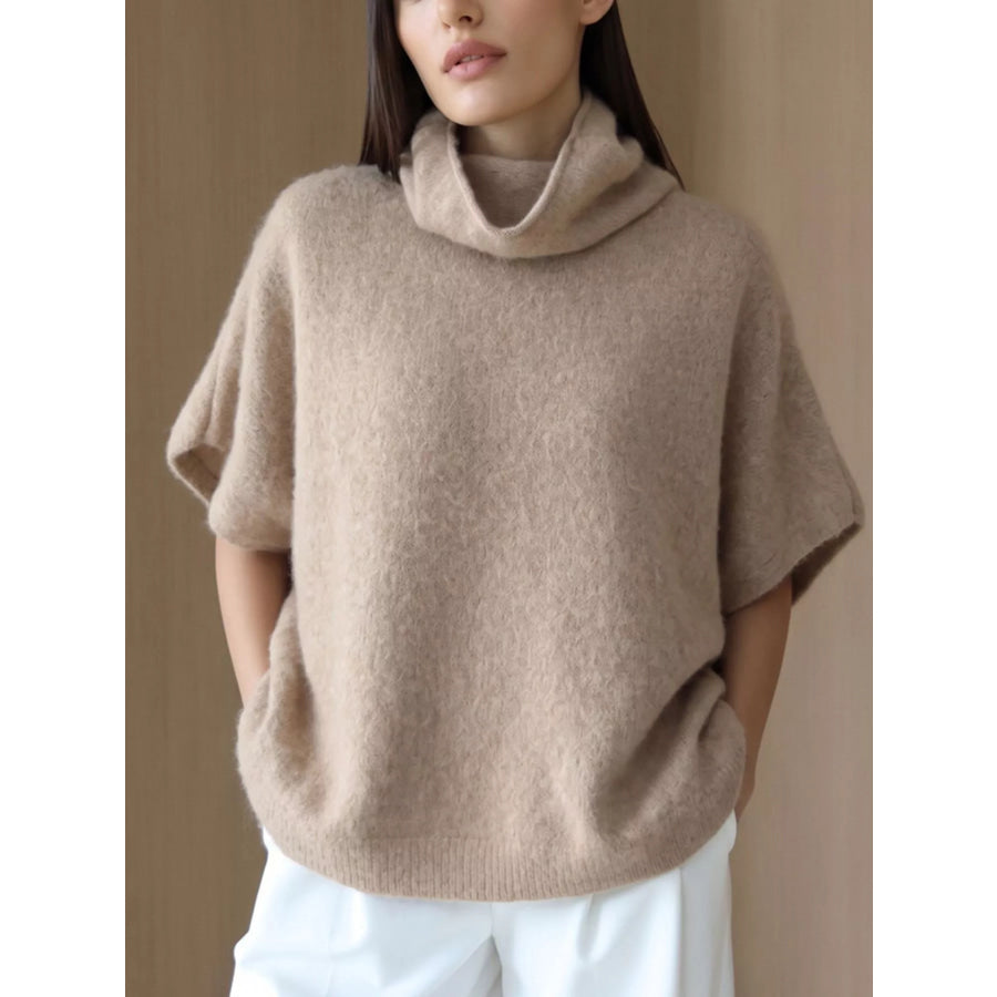 Turtleneck Fuzzy Short Sleeve Sweater Tan / One Size Apparel and Accessories