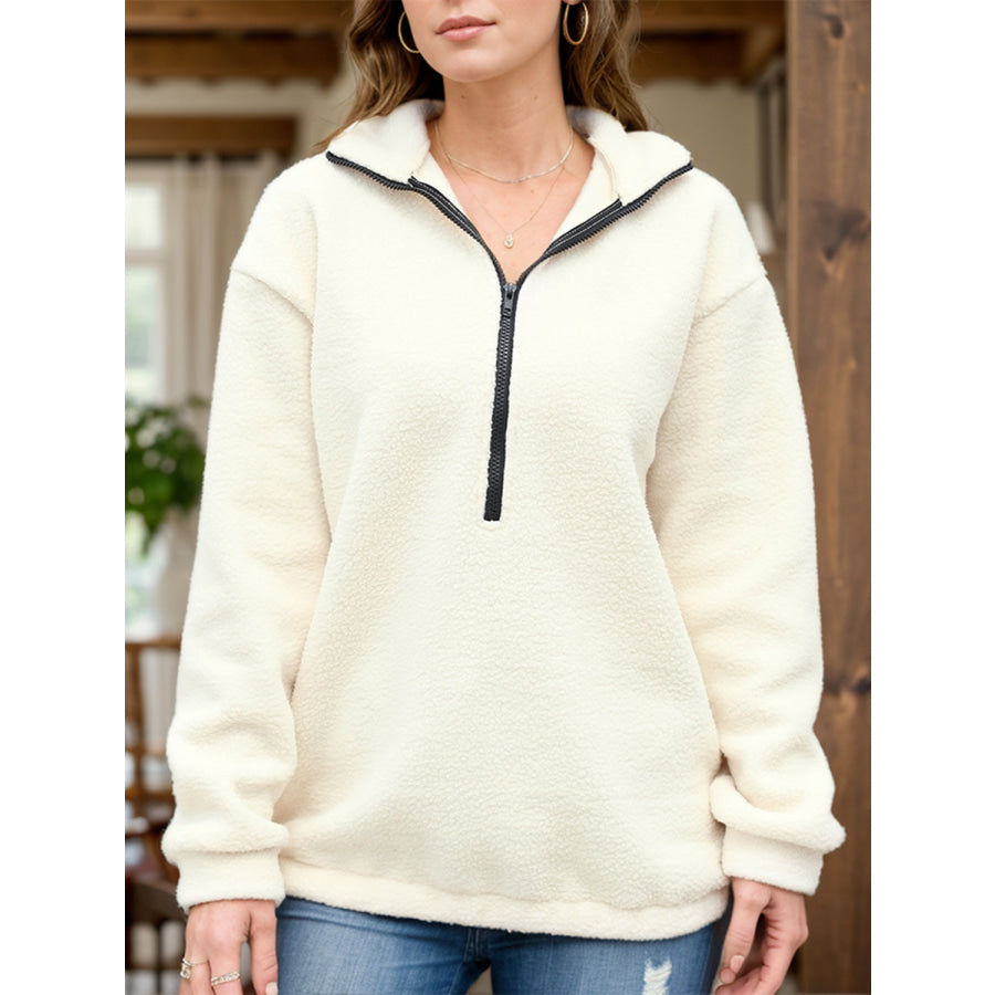 Turtleneck Half Zip Long Sleeve Sweatshirt Cream / S Apparel and Accessories