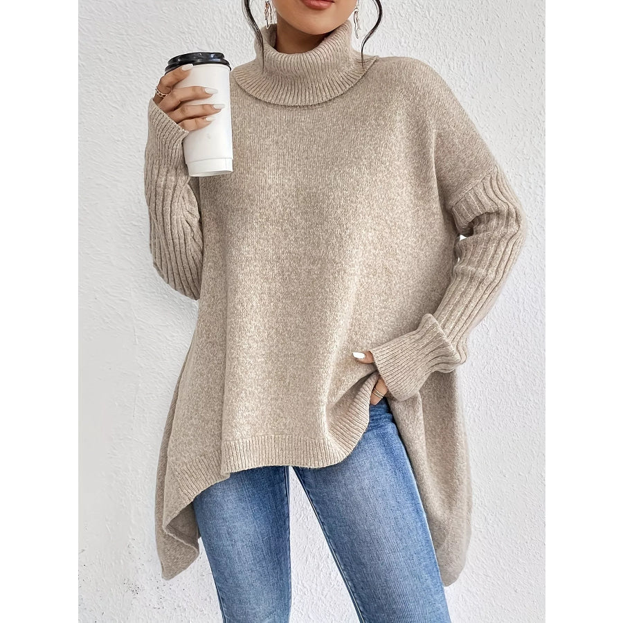Turtleneck High-Low Hem Sweater Apricot / S Apparel and Accessories