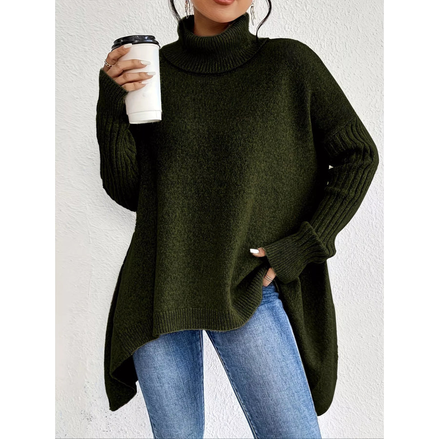 Turtleneck High-Low Hem Sweater Dark Green / S Apparel and Accessories