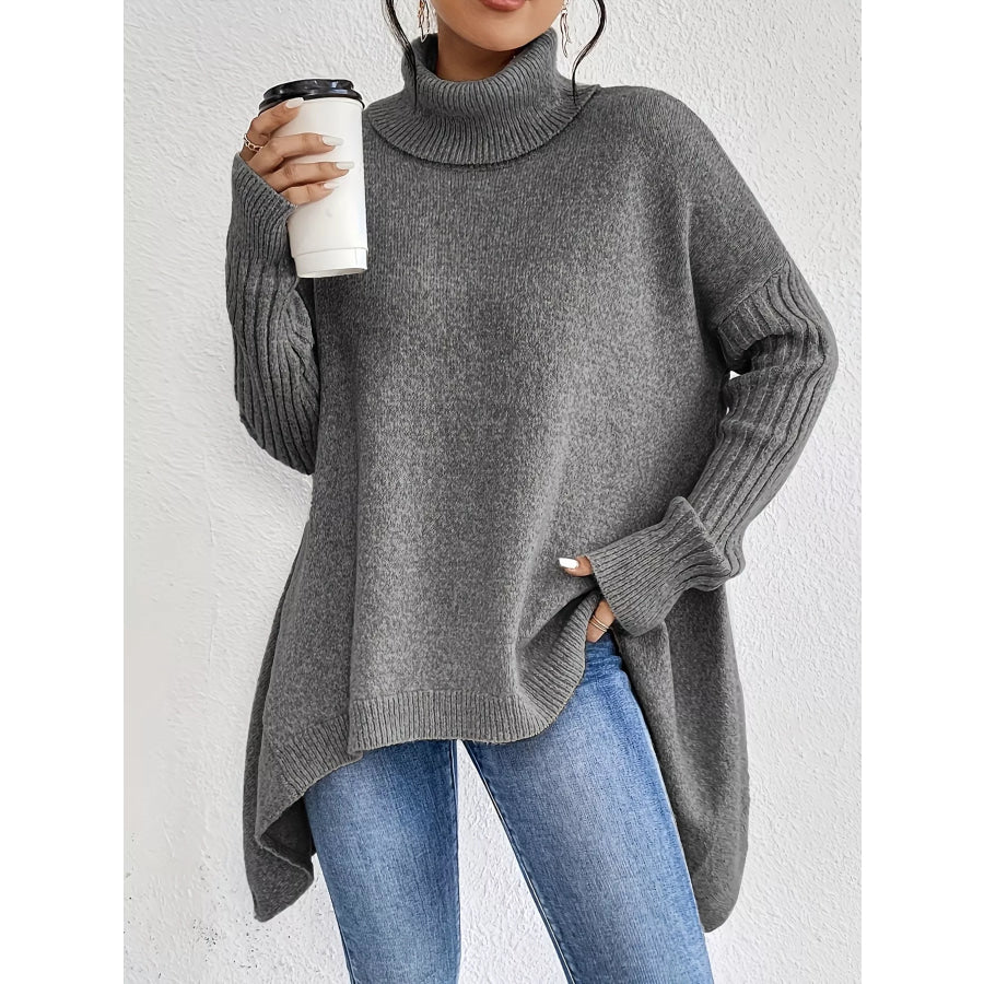 Turtleneck High-Low Hem Sweater Grey / S Apparel and Accessories
