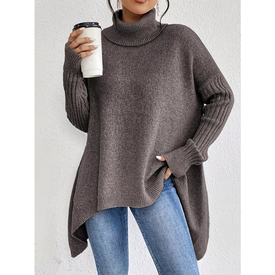Turtleneck High-Low Hem Sweater Light Brown / S Apparel and Accessories