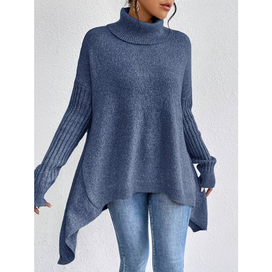 Turtleneck High-Low Hem Sweater Navy Blue / S Apparel and Accessories