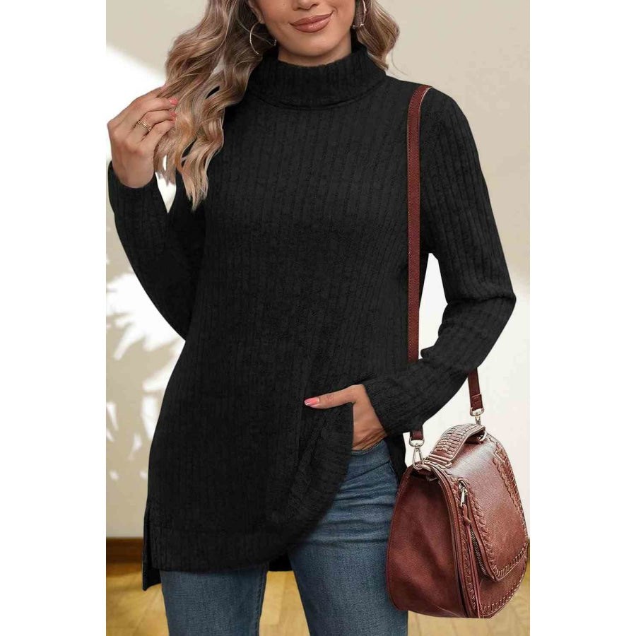 Turtleneck High Low Top Black / S