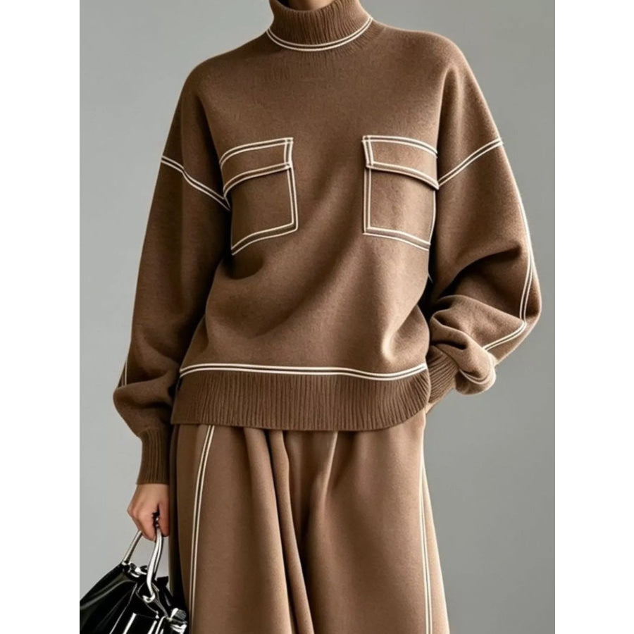 Turtleneck Knit Top and Midi Skirt Set Apparel Accessories