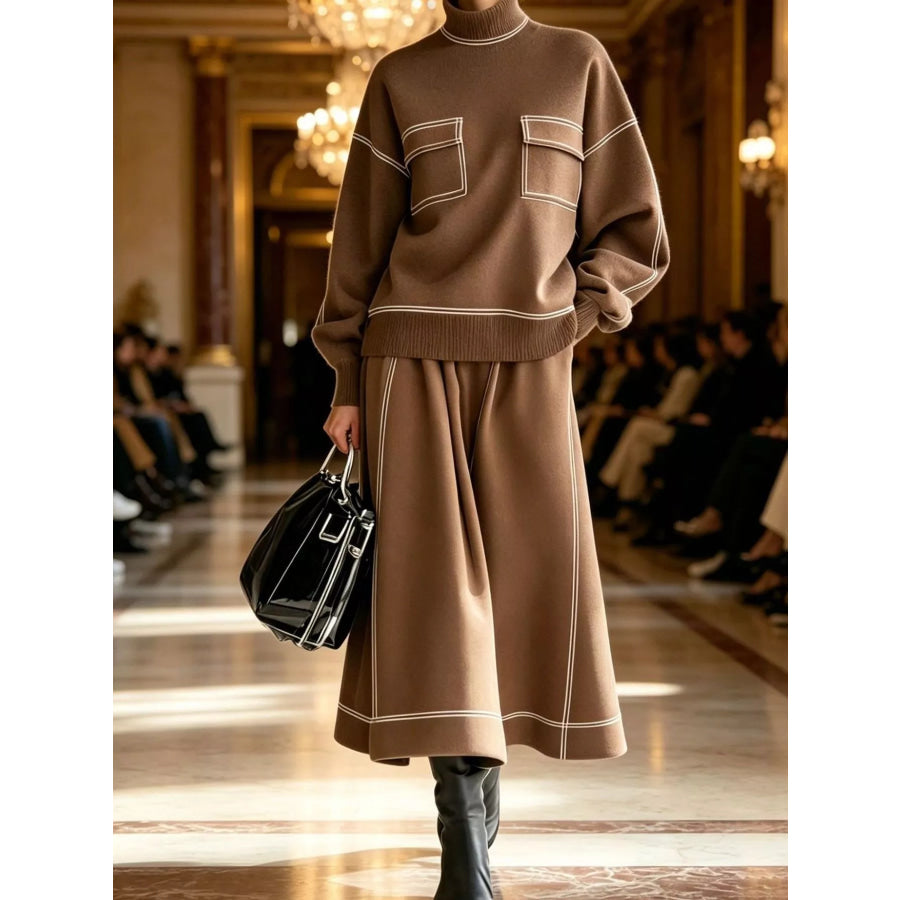 Turtleneck Knit Top and Midi Skirt Set Apparel Accessories