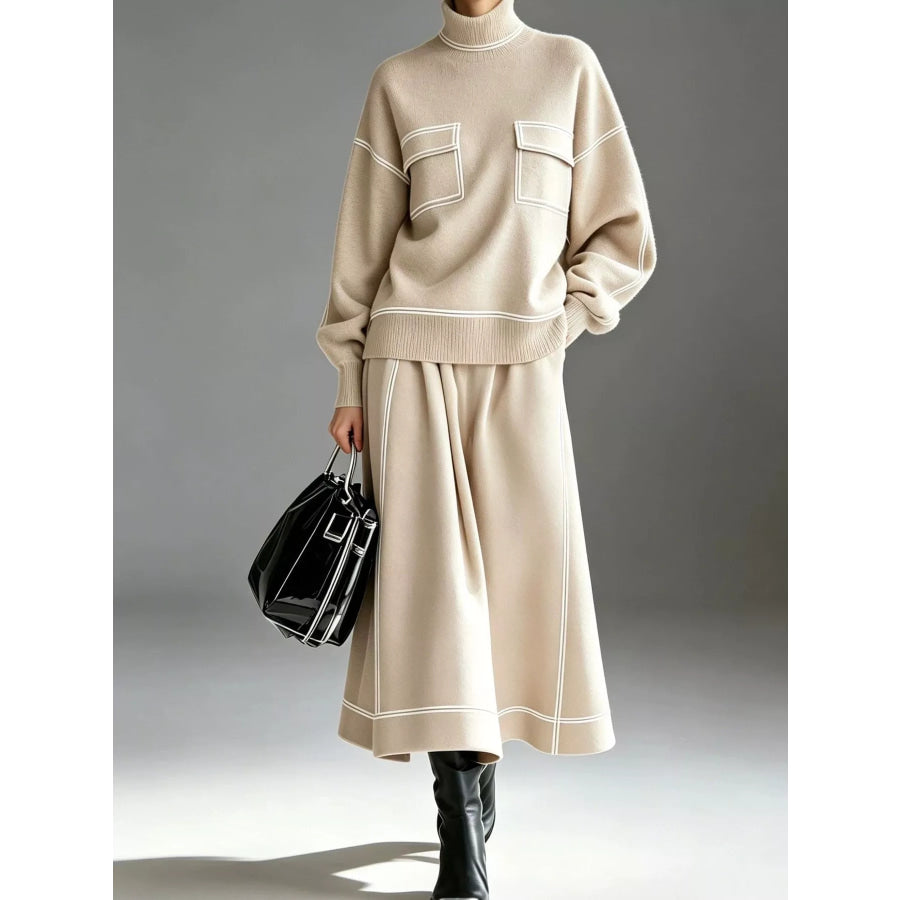 Turtleneck Knit Top and Midi Skirt Set Beige / S Apparel Accessories