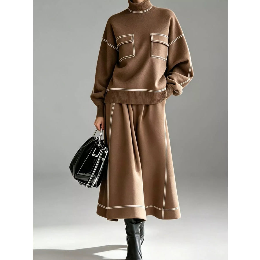 Turtleneck Knit Top and Midi Skirt Set Camel / S Apparel Accessories