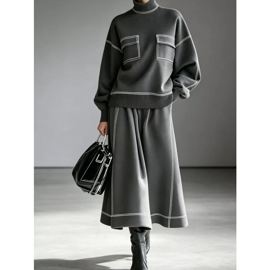 Turtleneck Knit Top and Midi Skirt Set Dark Gray / S Apparel Accessories