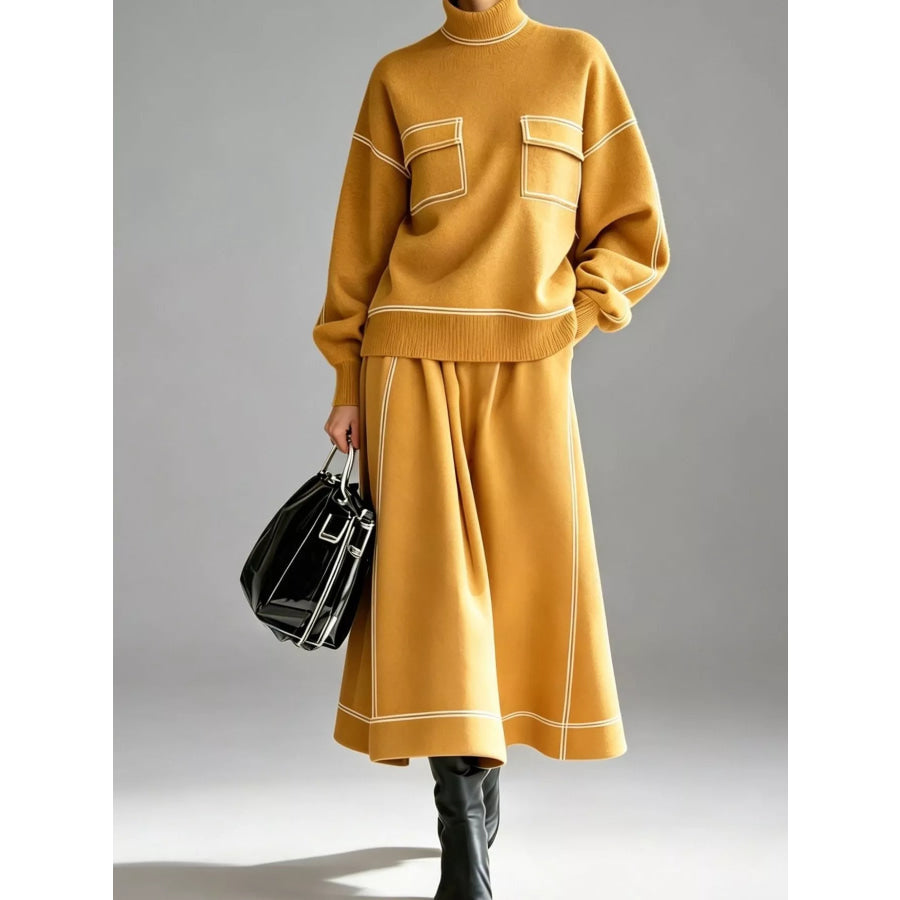Turtleneck Knit Top and Midi Skirt Set Tangerine / S Apparel Accessories