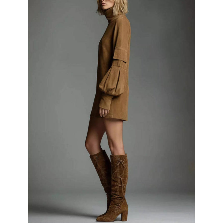 Turtleneck Lantern Sleeve Mini Dress with Pockets Apparel and Accessories