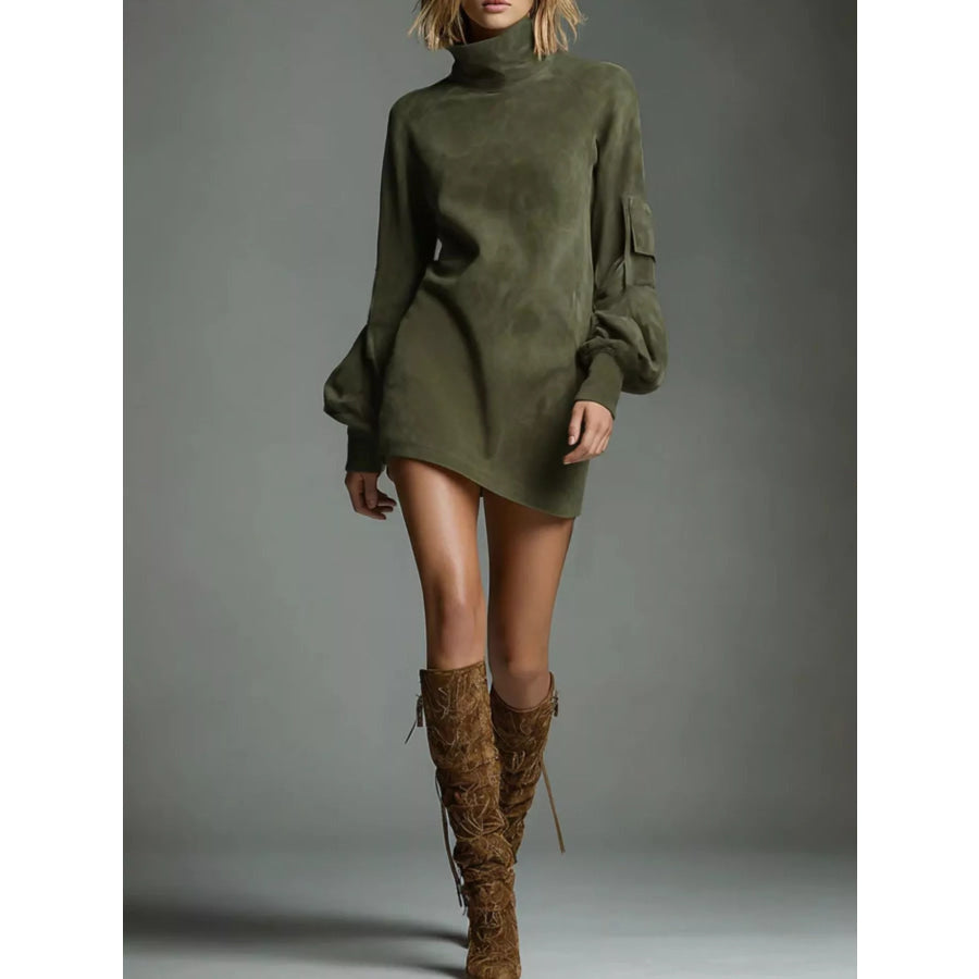 Turtleneck Lantern Sleeve Mini Dress with Pockets Army Green / XS Apparel and Accessories