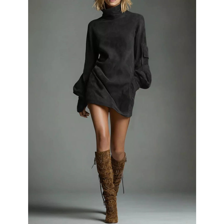 Turtleneck Lantern Sleeve Mini Dress with Pockets Black / XS Apparel and Accessories