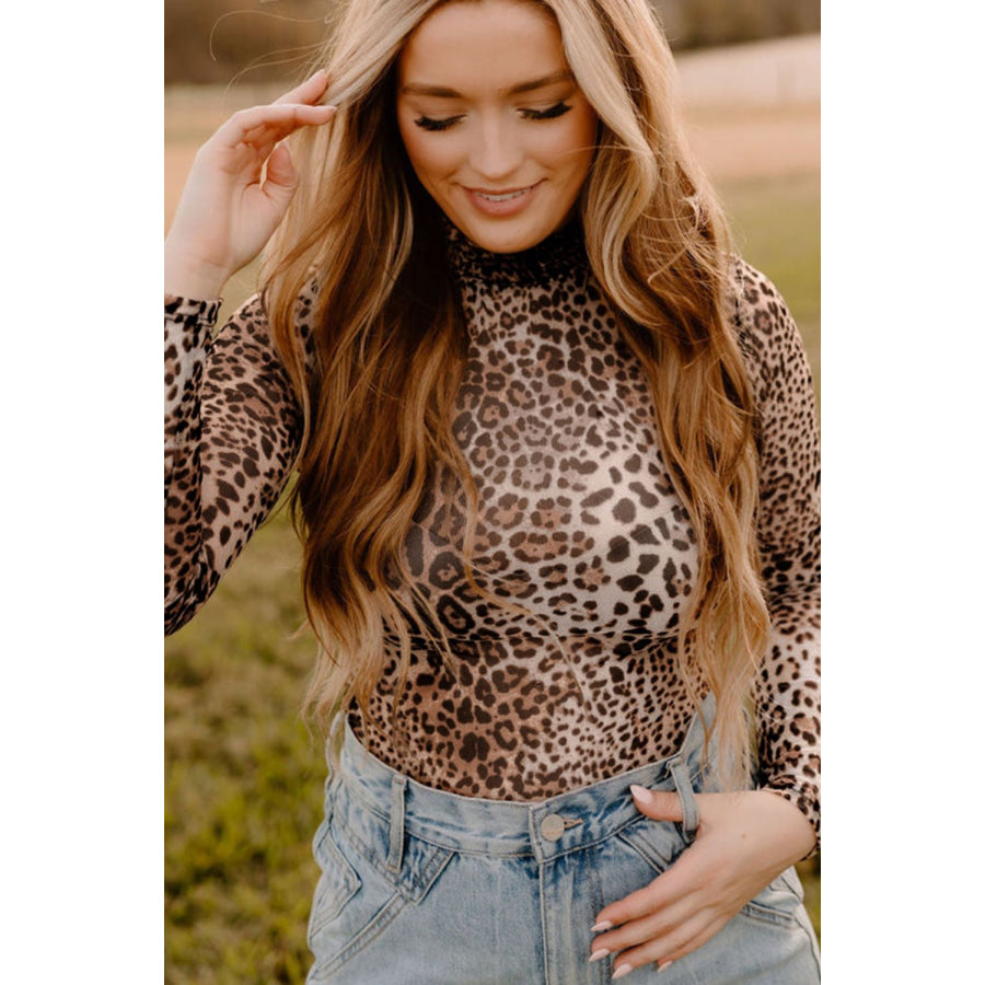 Turtleneck Leopard Long Sleeve Bodysuit Apparel and Accessories