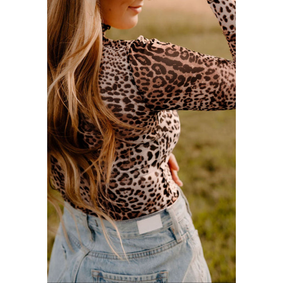 Turtleneck Leopard Long Sleeve Bodysuit Apparel and Accessories