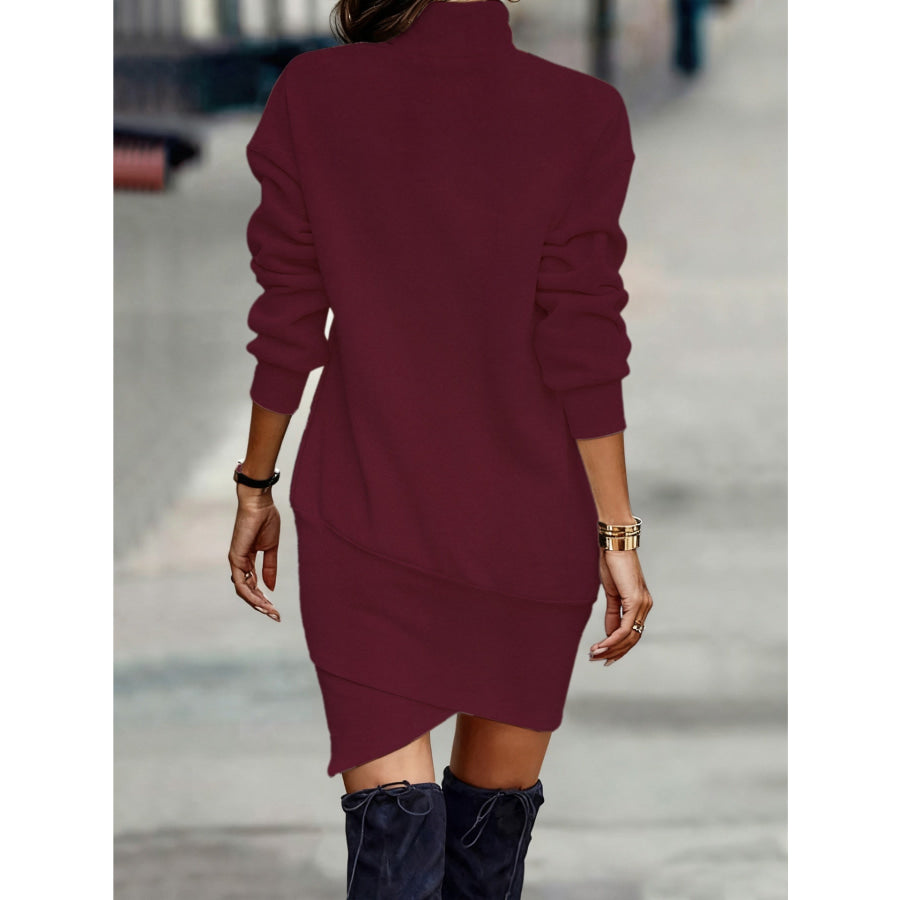 Turtleneck Long Sleeve Asymmetrical Hem Mini Dress Apparel and Accessories