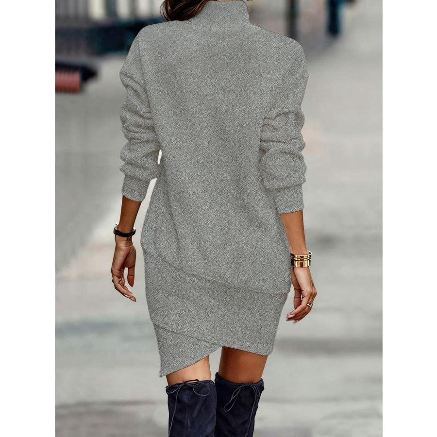 Turtleneck Long Sleeve Asymmetrical Hem Mini Dress Apparel and Accessories