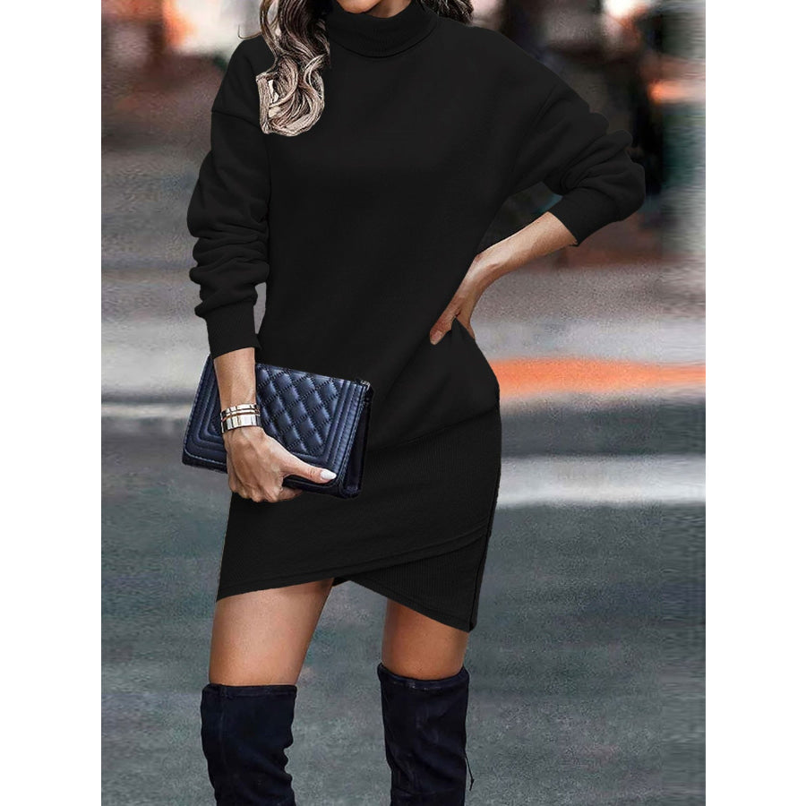 Turtleneck Long Sleeve Asymmetrical Hem Mini Dress Apparel and Accessories