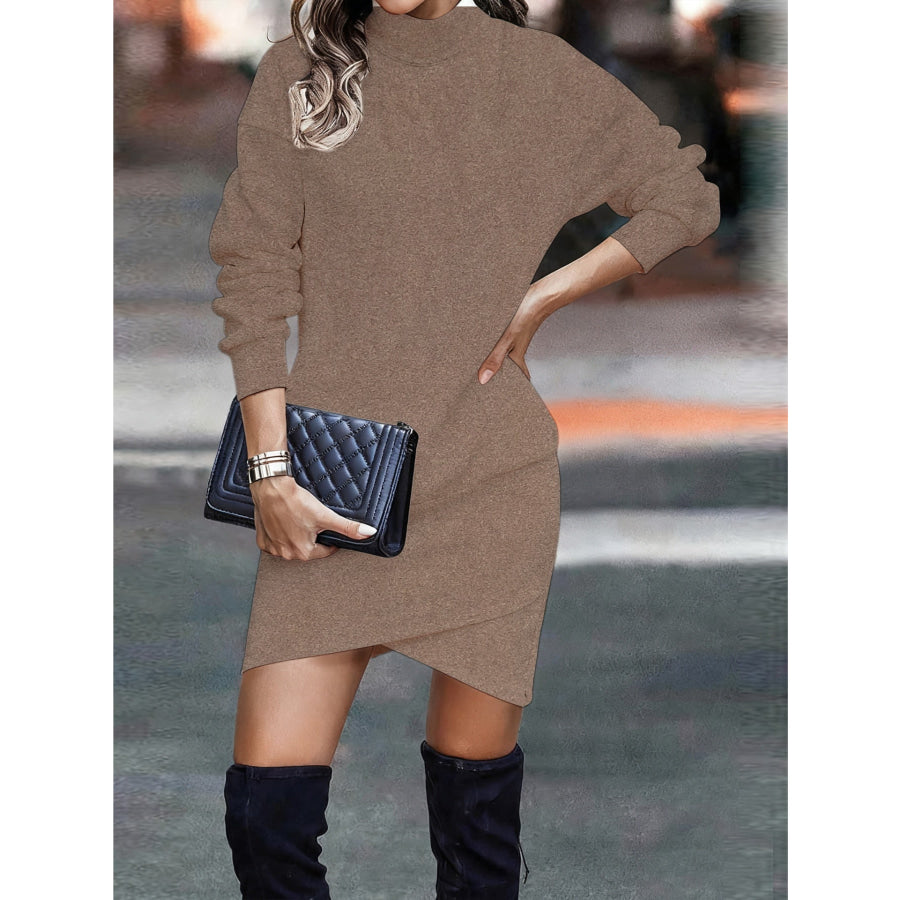 Turtleneck Long Sleeve Asymmetrical Hem Mini Dress Apparel and Accessories