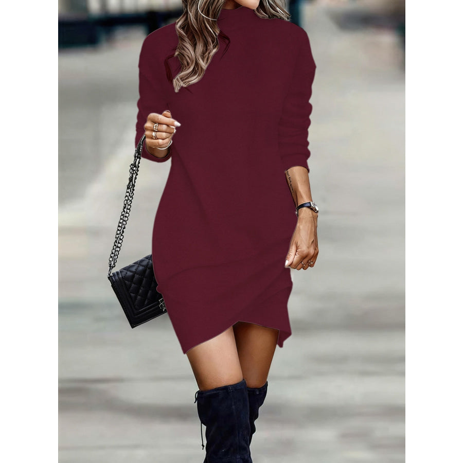 Turtleneck Long Sleeve Asymmetrical Hem Mini Dress Apparel and Accessories