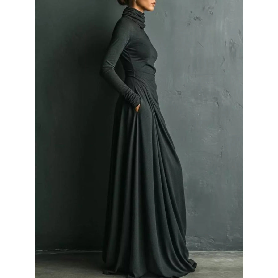Turtleneck Long-Sleeve Draped Maxi Dress Apparel and Accessories