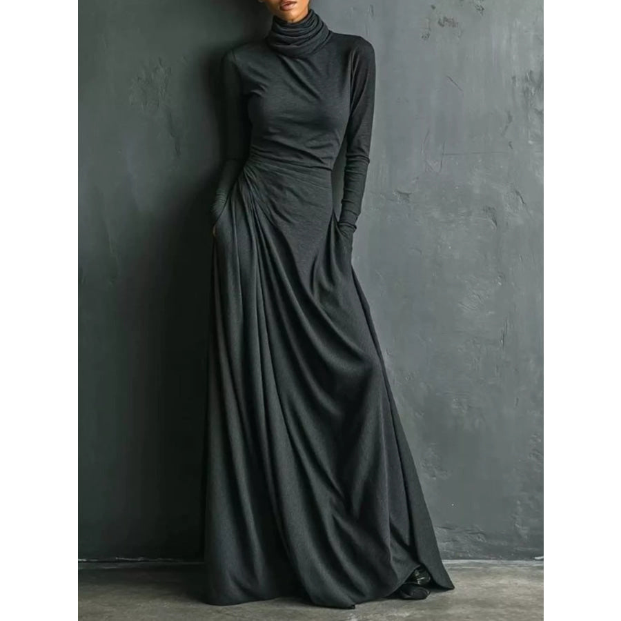 Turtleneck Long-Sleeve Draped Maxi Dress Dark Gray / S Apparel and Accessories