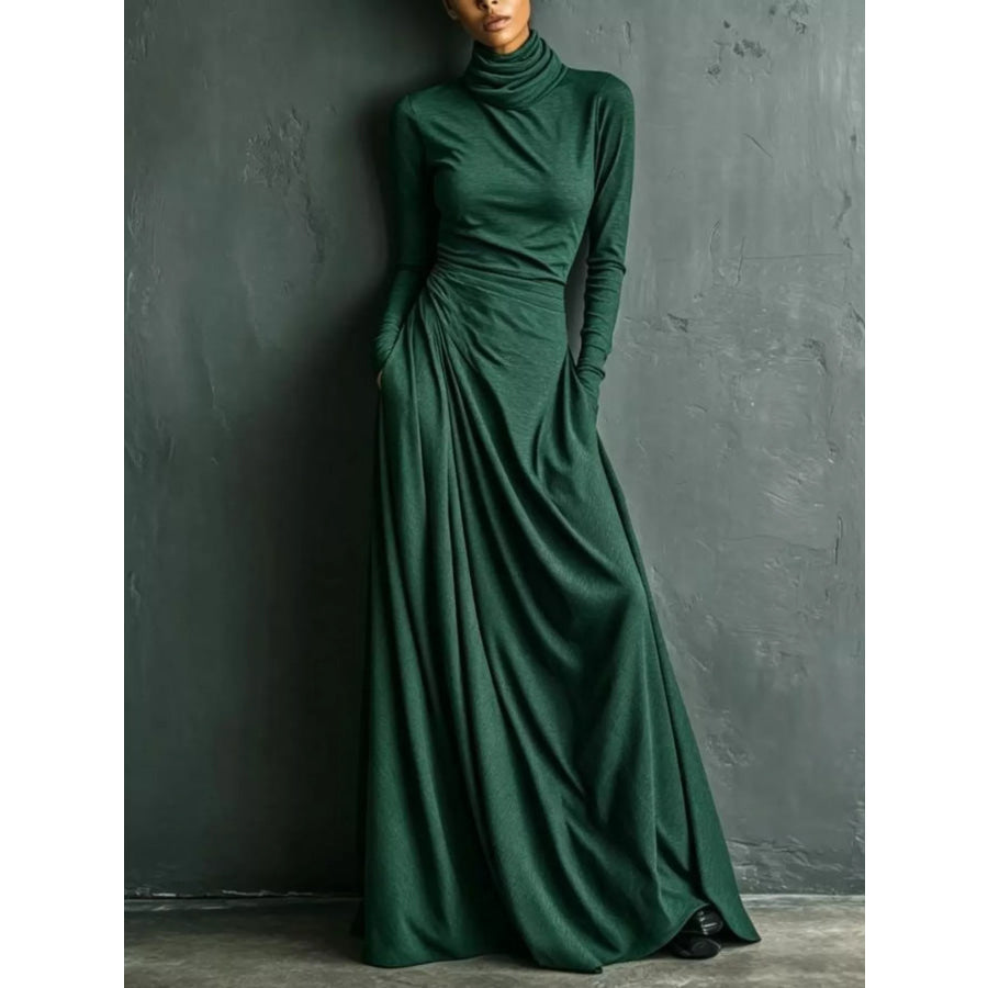Turtleneck Long-Sleeve Draped Maxi Dress Dark Green / S Apparel and Accessories