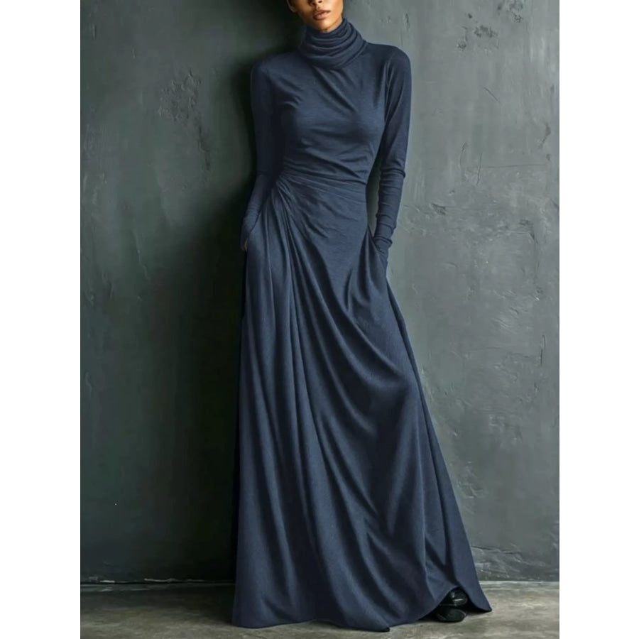 Turtleneck Long-Sleeve Draped Maxi Dress Navy Blue / S Apparel and Accessories