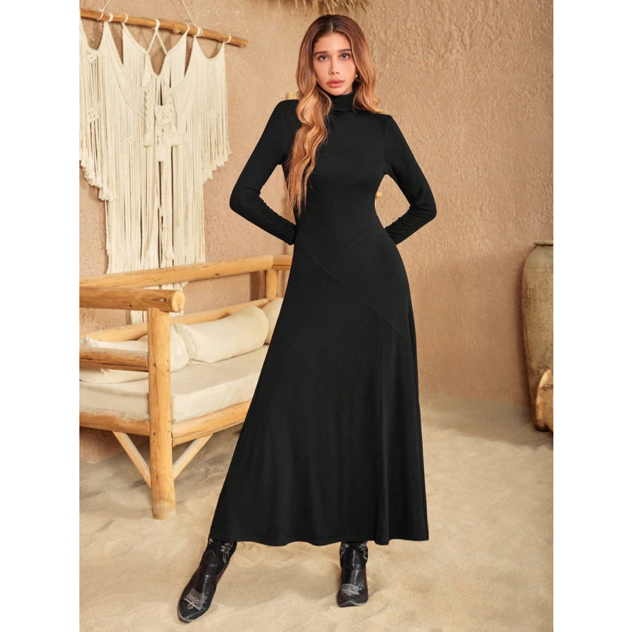 Turtleneck Long Sleeve Maxi Dress Black / S Apparel and Accessories