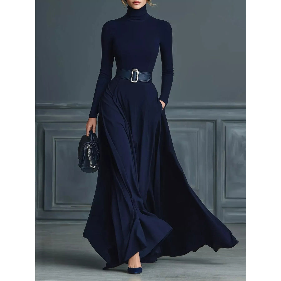 Turtleneck Long Sleeve Maxi Dress Navy / S Apparel and Accessories