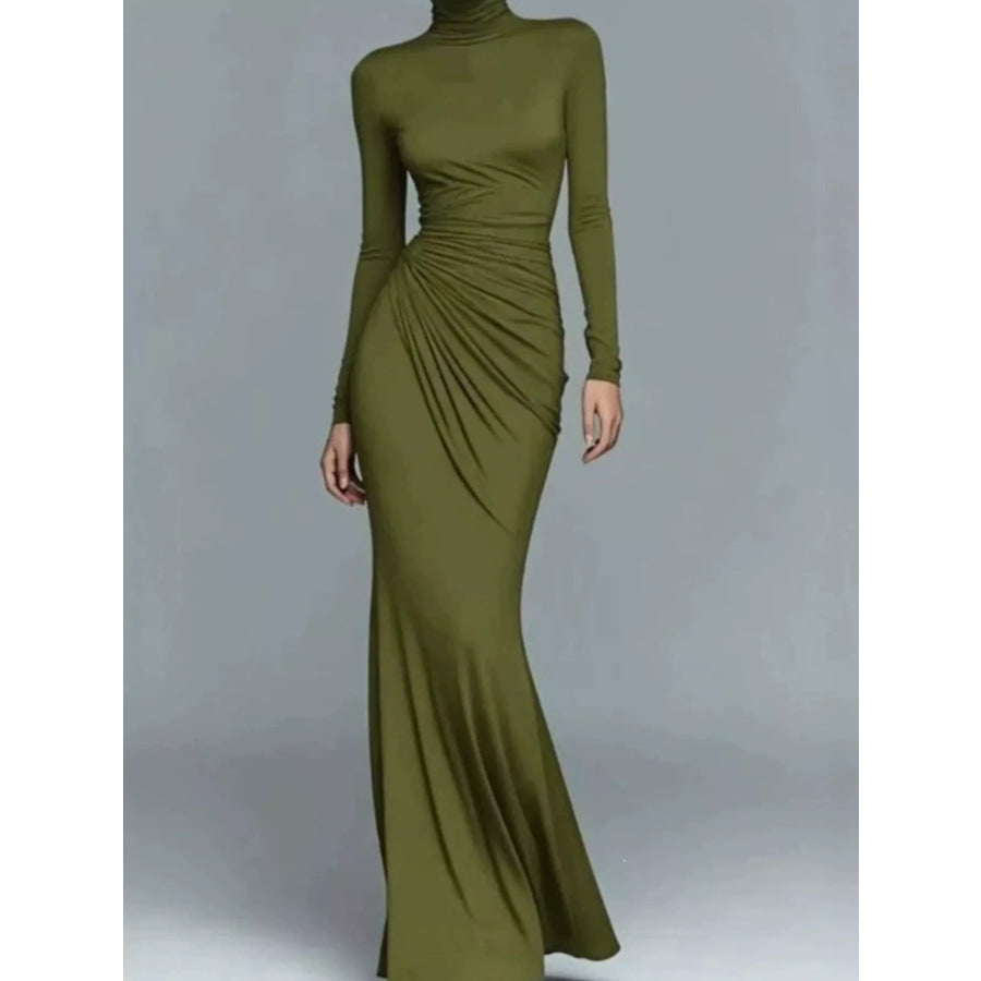 Turtleneck Long-Sleeve Ruched Maxi Dress Apparel and Accessories