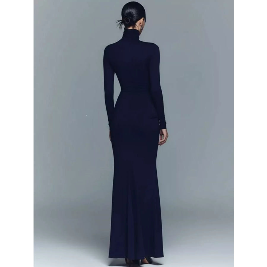 Turtleneck Long-Sleeve Ruched Maxi Dress Apparel and Accessories
