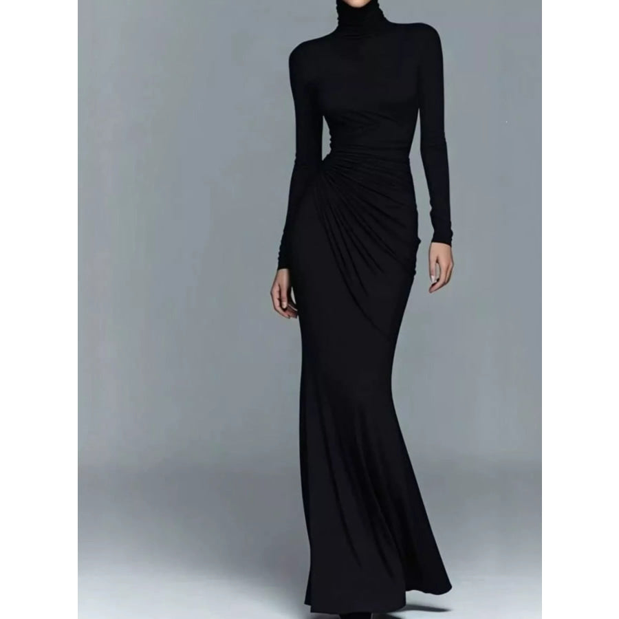 Turtleneck Long-Sleeve Ruched Maxi Dress Black / XS Apparel and Accessories
