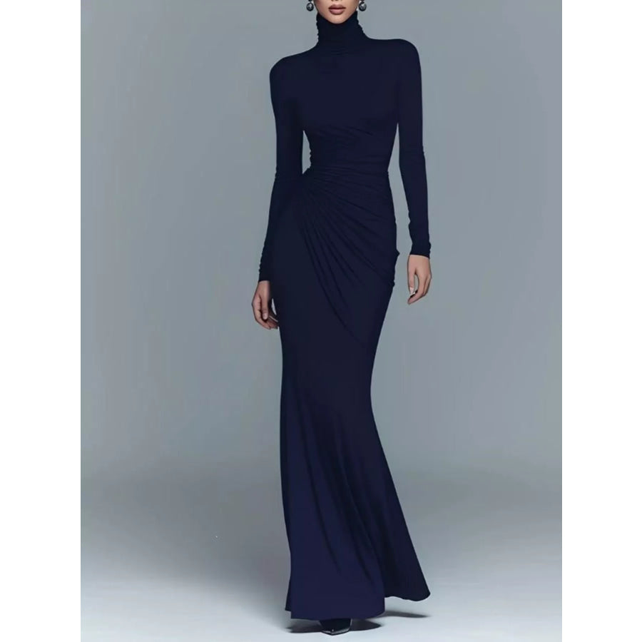 Turtleneck Long-Sleeve Ruched Maxi Dress Dark Blue / XS Apparel and Accessories