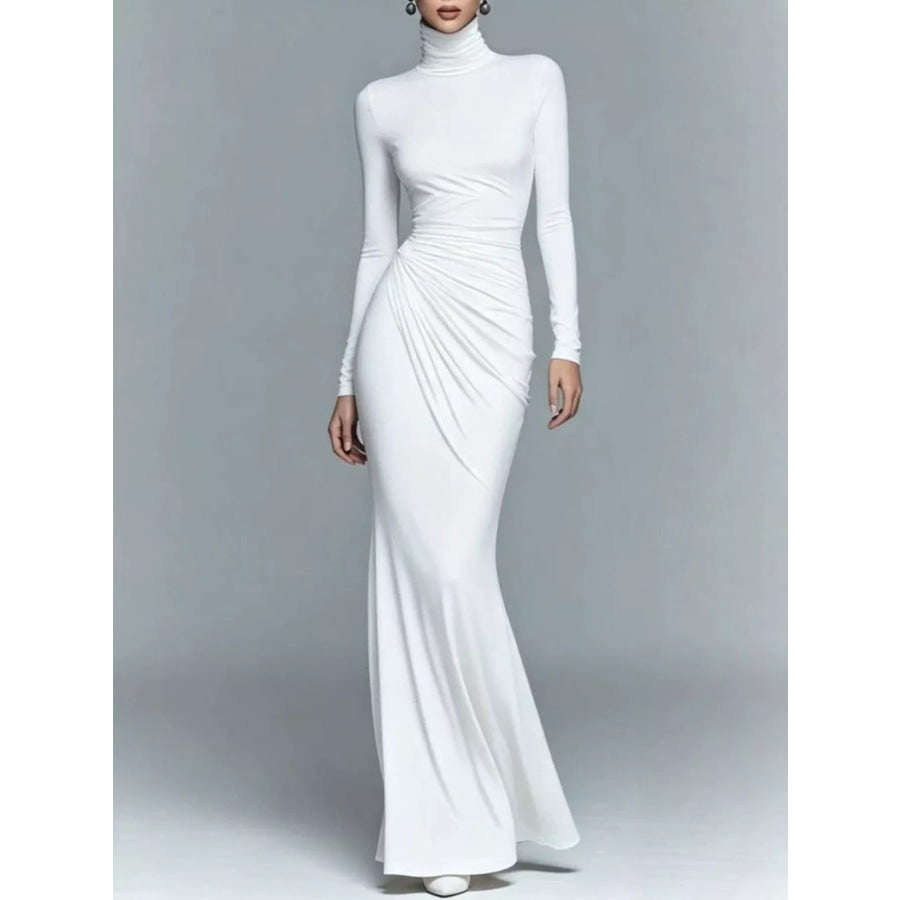 Turtleneck Long-Sleeve Ruched Maxi Dress White / XS Apparel and Accessories