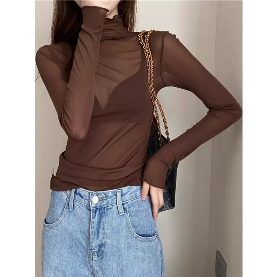 Turtleneck Long Sleeve Slim Fit T-Shirt Coffee / One Size Apparel and Accessories