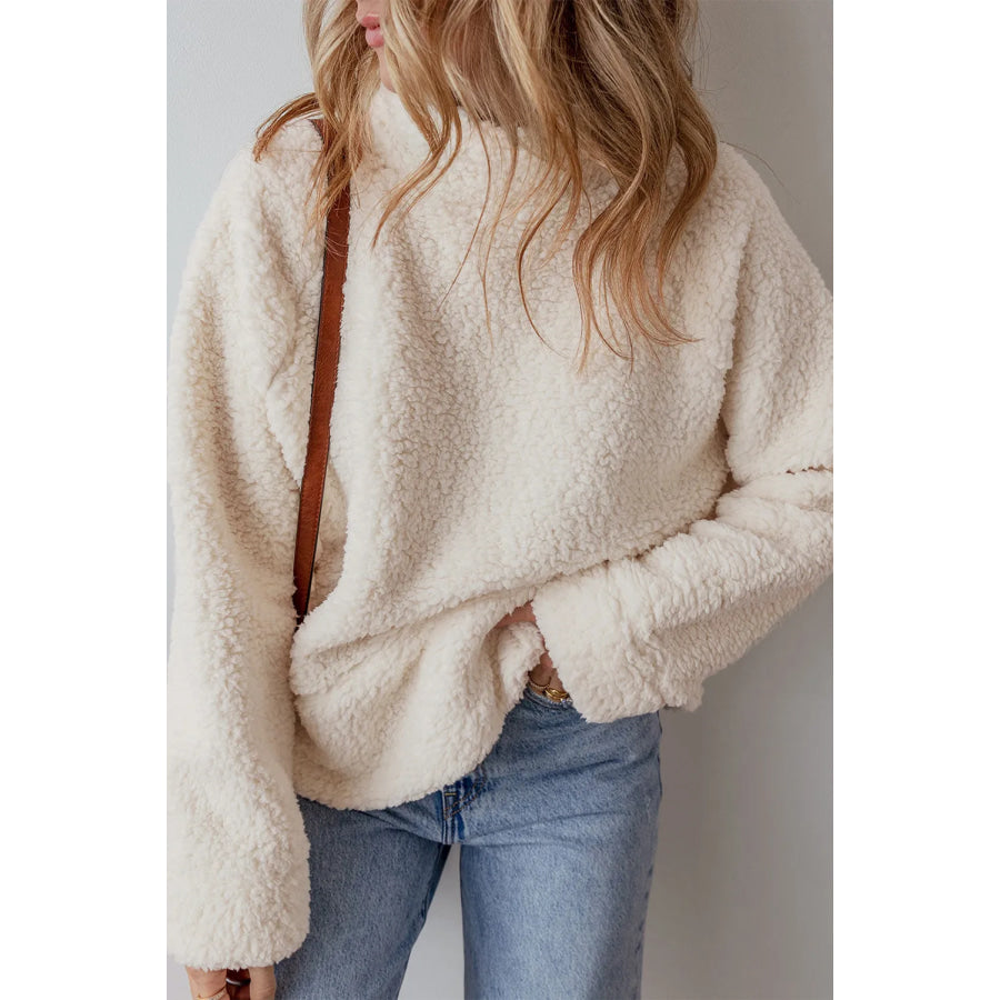 Turtleneck Long Sleeve Slit Fleece Sweatshirt Apparel and Accessories