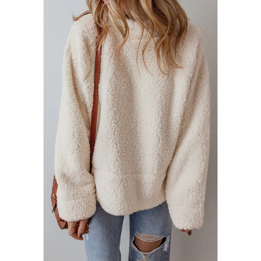 Turtleneck Long Sleeve Slit Fleece Sweatshirt Ivory / S Apparel and Accessories