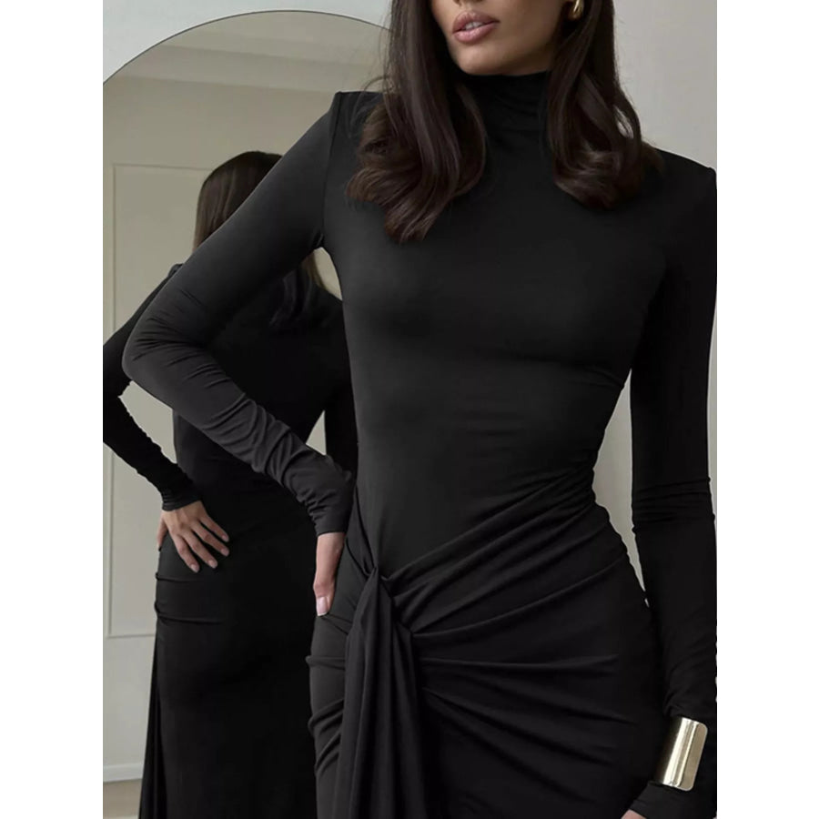 Turtleneck Long Sleeve Slit Maxi Dress Black / S Apparel and Accessories