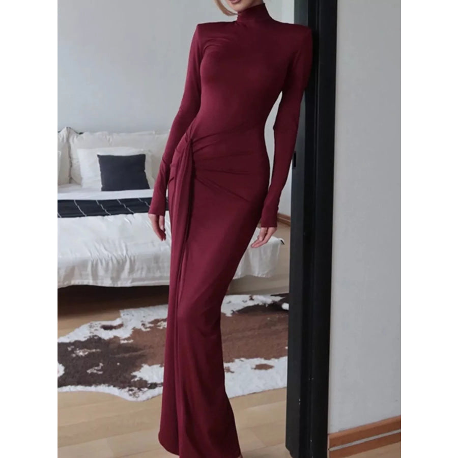 Turtleneck Long Sleeve Slit Maxi Dress Burgundy / S Apparel and Accessories