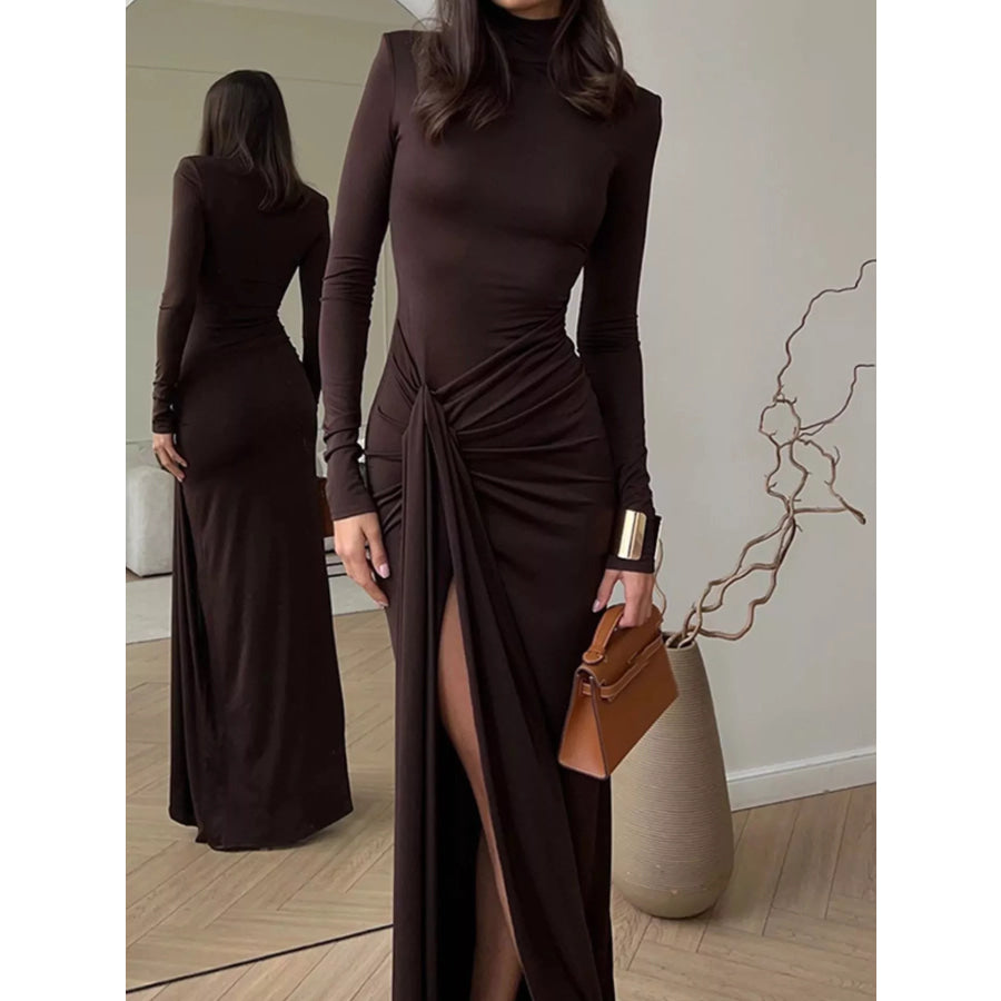 Turtleneck Long Sleeve Slit Maxi Dress Dark Brown / S Apparel and Accessories